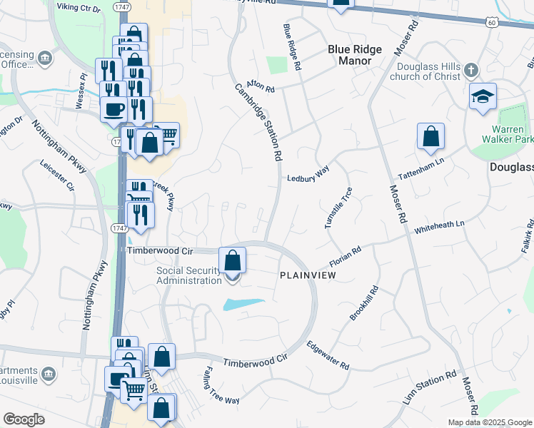 map of restaurants, bars, coffee shops, grocery stores, and more near 614 Cambridge Station Road in Louisville