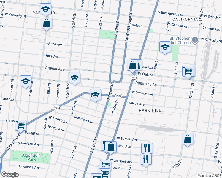 map of restaurants, bars, coffee shops, grocery stores, and more near S 22nd St & W Ormsby Ave in Louisville
