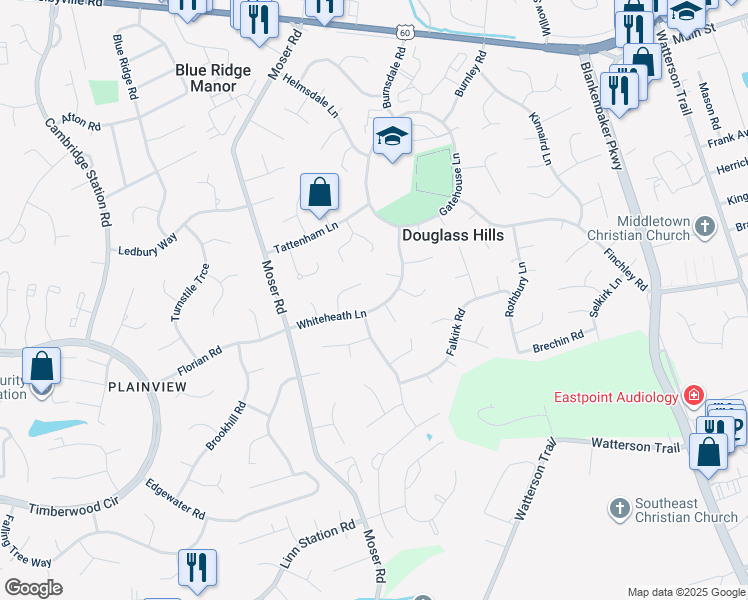 map of restaurants, bars, coffee shops, grocery stores, and more near 420 Whiteheath Lane in Louisville