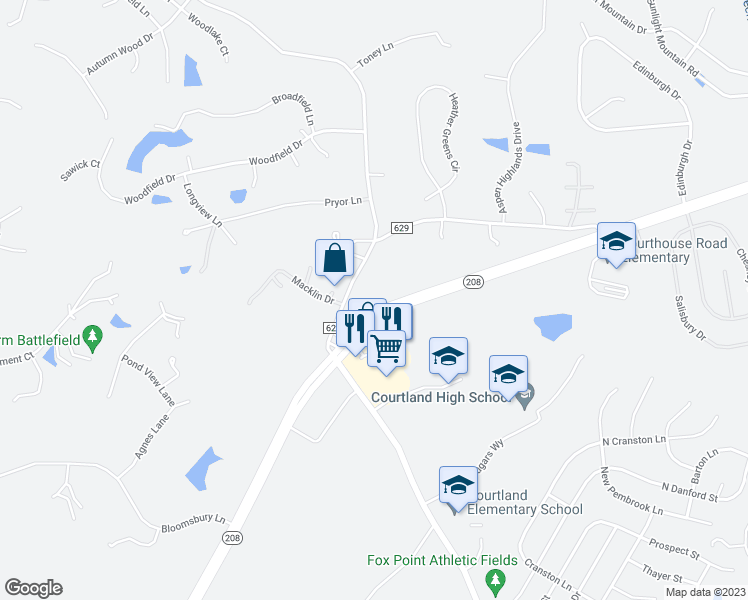 map of restaurants, bars, coffee shops, grocery stores, and more near 9828 Courthouse Road in Spotsylvania Courthouse