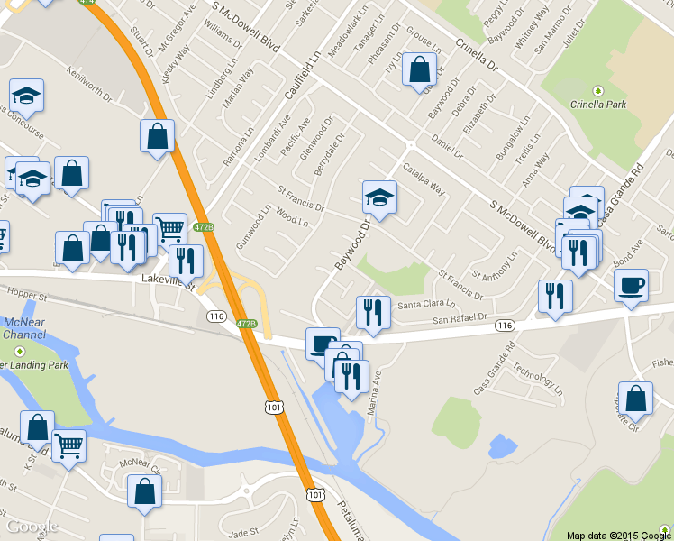 map of restaurants, bars, coffee shops, grocery stores, and more near 1144 Baywood Drive in Petaluma
