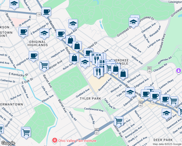 map of restaurants, bars, coffee shops, grocery stores, and more near 1614 Beechwood Avenue in Louisville