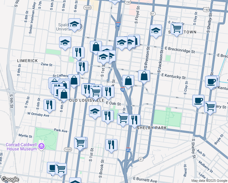 map of restaurants, bars, coffee shops, grocery stores, and more near 1141 South Brook Street in Louisville