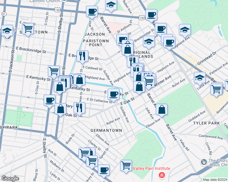 map of restaurants, bars, coffee shops, grocery stores, and more near 1107 East Kentucky Street in Louisville