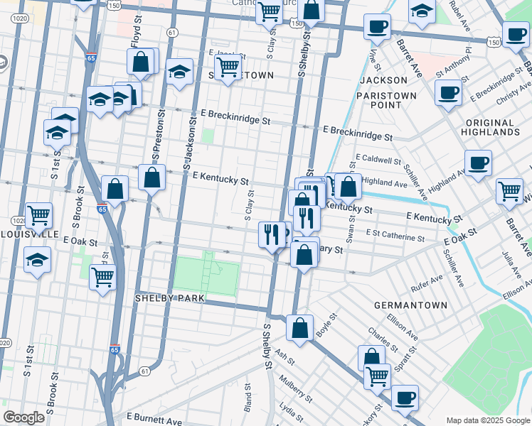 map of restaurants, bars, coffee shops, grocery stores, and more near 720 Baroness Avenue in Louisville