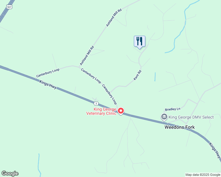 map of restaurants, bars, coffee shops, grocery stores, and more near 12594 Kent Road in King George