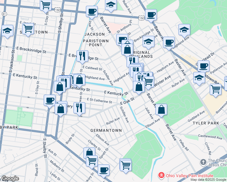 map of restaurants, bars, coffee shops, grocery stores, and more near 1107 East Kentucky Street in Louisville