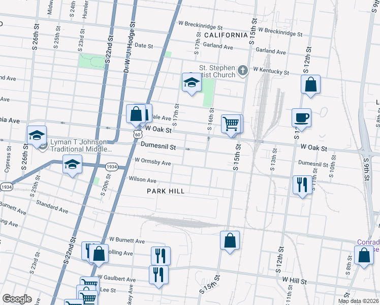 map of restaurants, bars, coffee shops, grocery stores, and more near 1618 West Oak Street in Louisville