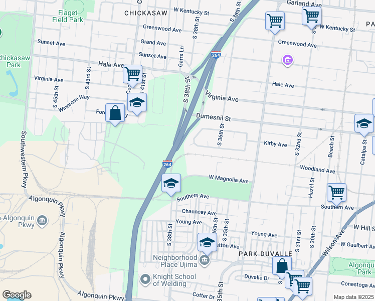 map of restaurants, bars, coffee shops, grocery stores, and more near 1300 Challis Circle in Louisville