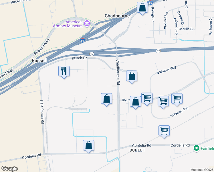 map of restaurants, bars, coffee shops, grocery stores, and more near 2725 Low Court in Fairfield