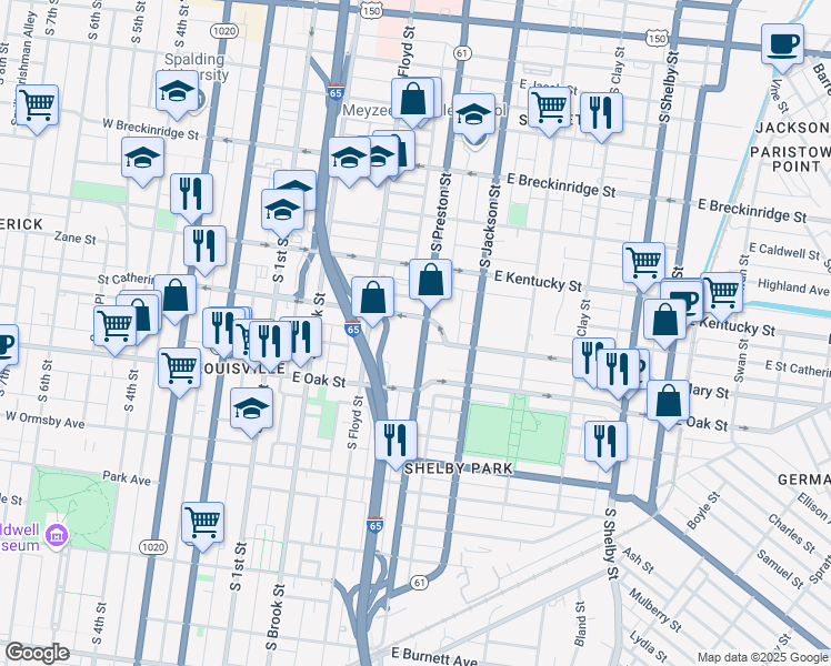 map of restaurants, bars, coffee shops, grocery stores, and more near 1110 South Preston Street in Louisville