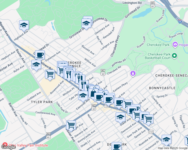map of restaurants, bars, coffee shops, grocery stores, and more near 1402 Willow Avenue in Louisville