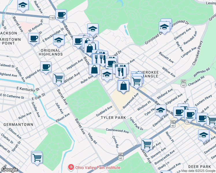 map of restaurants, bars, coffee shops, grocery stores, and more near 1610 Patterson Avenue in Louisville