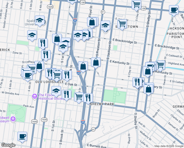 map of restaurants, bars, coffee shops, grocery stores, and more near 1110 South Preston Street in Louisville