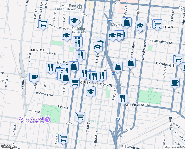map of restaurants, bars, coffee shops, grocery stores, and more near 1107 South 1st Street in Louisville