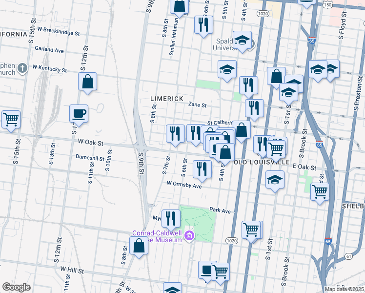 map of restaurants, bars, coffee shops, grocery stores, and more near 1126 South 6th Street in Louisville