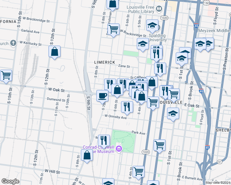 map of restaurants, bars, coffee shops, grocery stores, and more near 1146 South 6th Street in Louisville