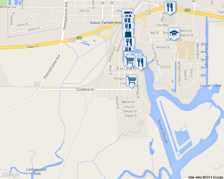 map of restaurants, bars, coffee shops, grocery stores, and more near 214 Morgan Street in Suisun City