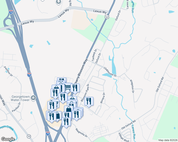 map of restaurants, bars, coffee shops, grocery stores, and more near 107 Cherry Bark Court in Georgetown