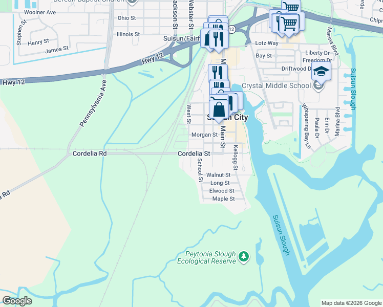 map of restaurants, bars, coffee shops, grocery stores, and more near 1100 Crystal Street in Suisun City