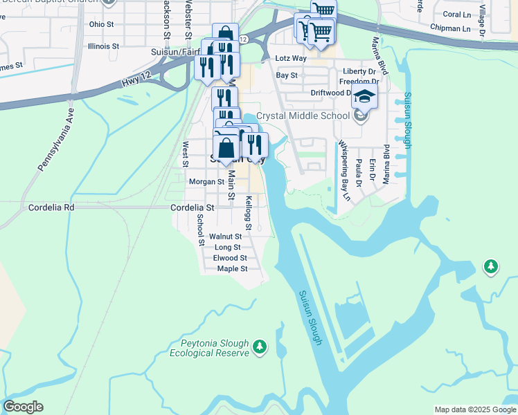 map of restaurants, bars, coffee shops, grocery stores, and more near Park Ln & Cordelia St in Suisun City