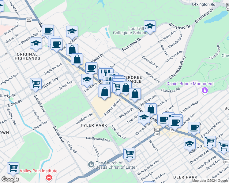 map of restaurants, bars, coffee shops, grocery stores, and more near 1275 Bardstown Rd in Louisville