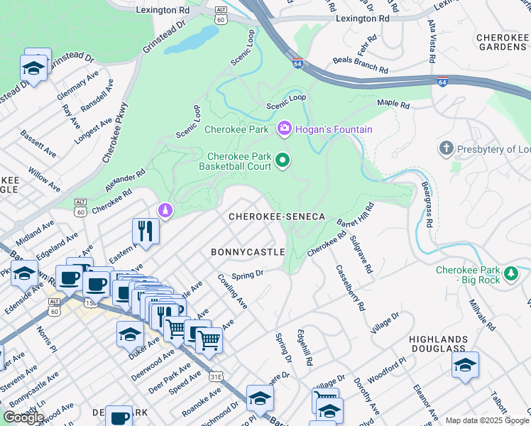 map of restaurants, bars, coffee shops, grocery stores, and more near 1568 Cherokee Road in Louisville