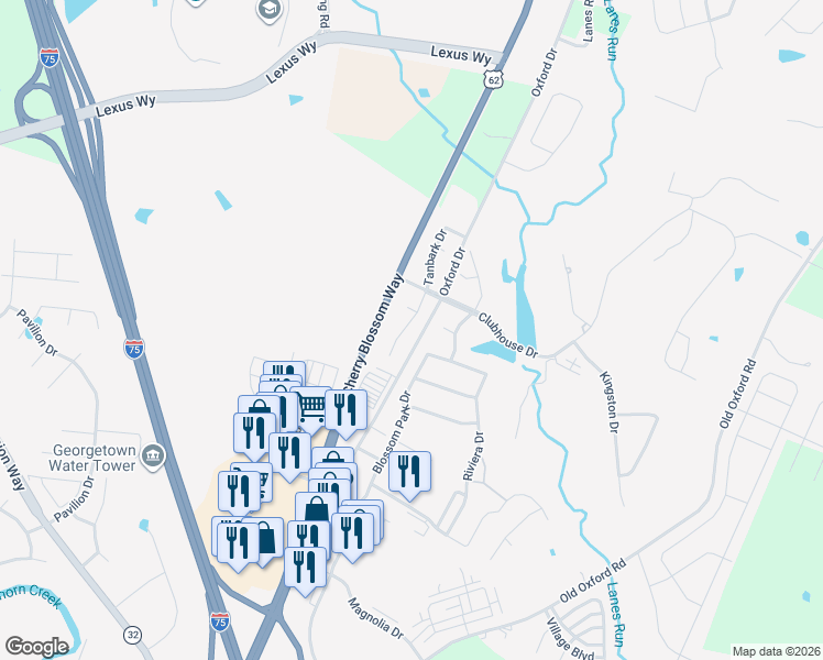 map of restaurants, bars, coffee shops, grocery stores, and more near 107 Cherry Bark Court in Georgetown
