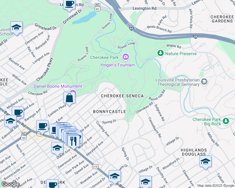 map of restaurants, bars, coffee shops, grocery stores, and more near 1568 Cherokee Road in Louisville