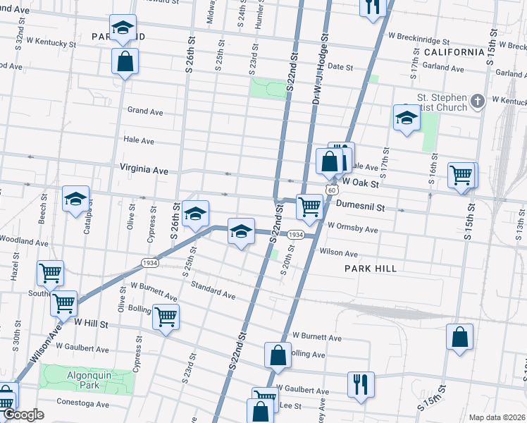 map of restaurants, bars, coffee shops, grocery stores, and more near 2116 Dumesnil Street in Louisville
