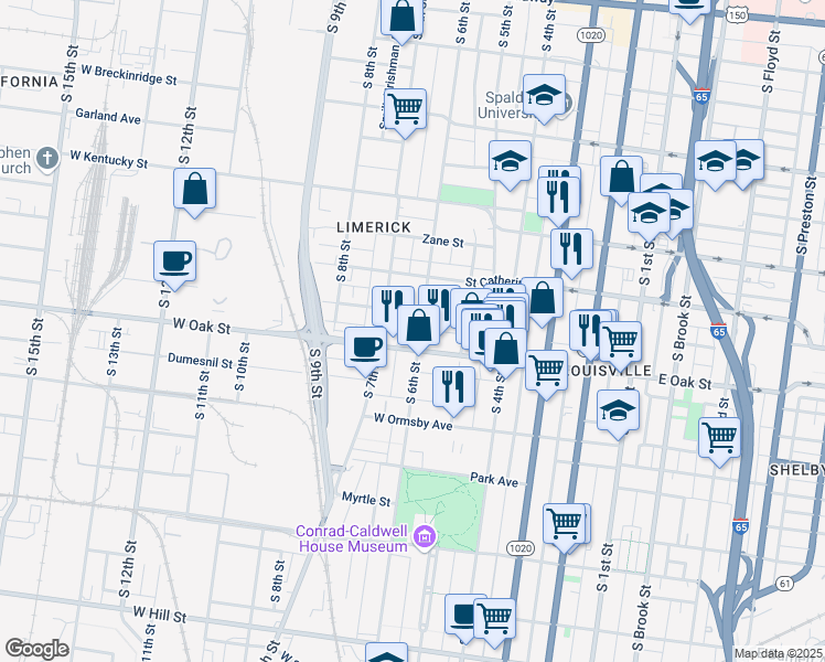 map of restaurants, bars, coffee shops, grocery stores, and more near 1142 South 6th Street in Louisville