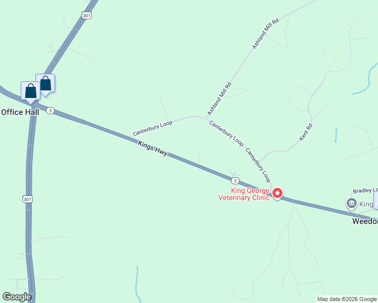 map of restaurants, bars, coffee shops, grocery stores, and more near 12123 Kings Highway in King George