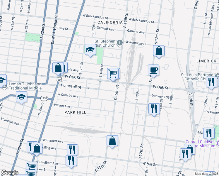 map of restaurants, bars, coffee shops, grocery stores, and more near 1502 West Oak Street in Louisville
