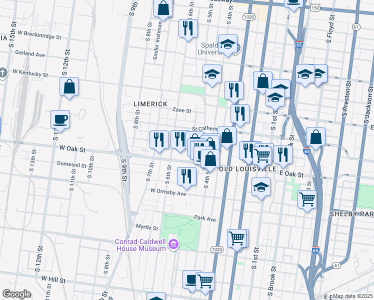 map of restaurants, bars, coffee shops, grocery stores, and more near 1122 Garvin Place in Louisville