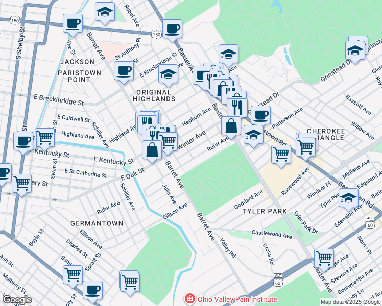 map of restaurants, bars, coffee shops, grocery stores, and more near 1411 Rufer Avenue in Louisville