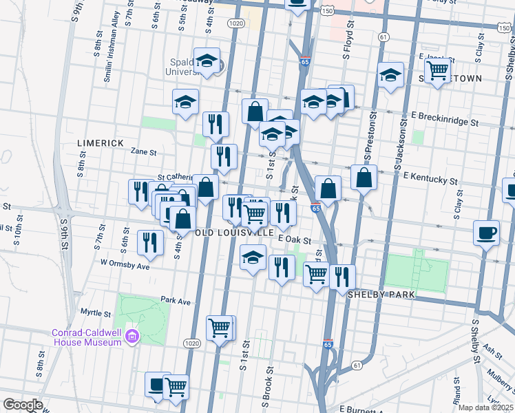 map of restaurants, bars, coffee shops, grocery stores, and more near 1107 South 1st Street in Louisville