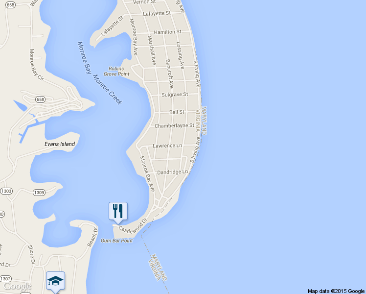 map of restaurants, bars, coffee shops, grocery stores, and more near 1316 Lossing Avenue in Colonial Beach