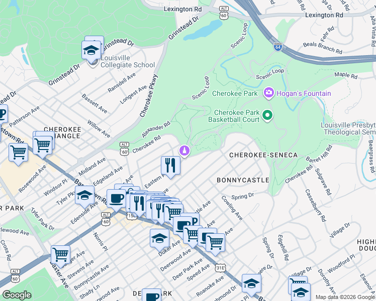 map of restaurants, bars, coffee shops, grocery stores, and more near Cherokee Park Road in Louisville