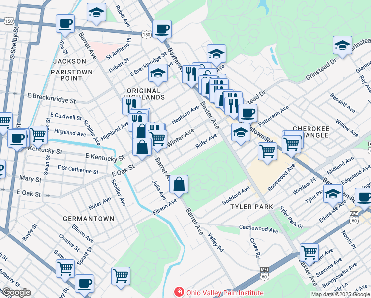 map of restaurants, bars, coffee shops, grocery stores, and more near 1411 Rufer Avenue in Louisville