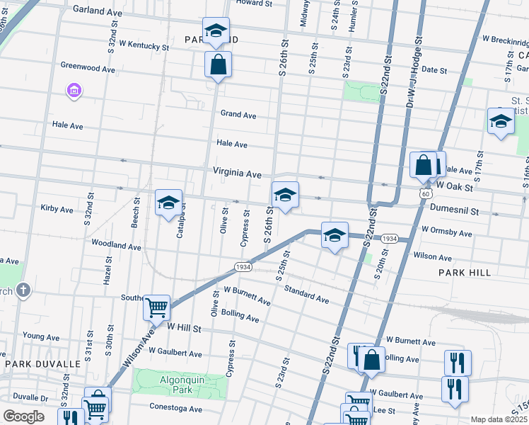 map of restaurants, bars, coffee shops, grocery stores, and more near 1232 South 26th Street in Louisville