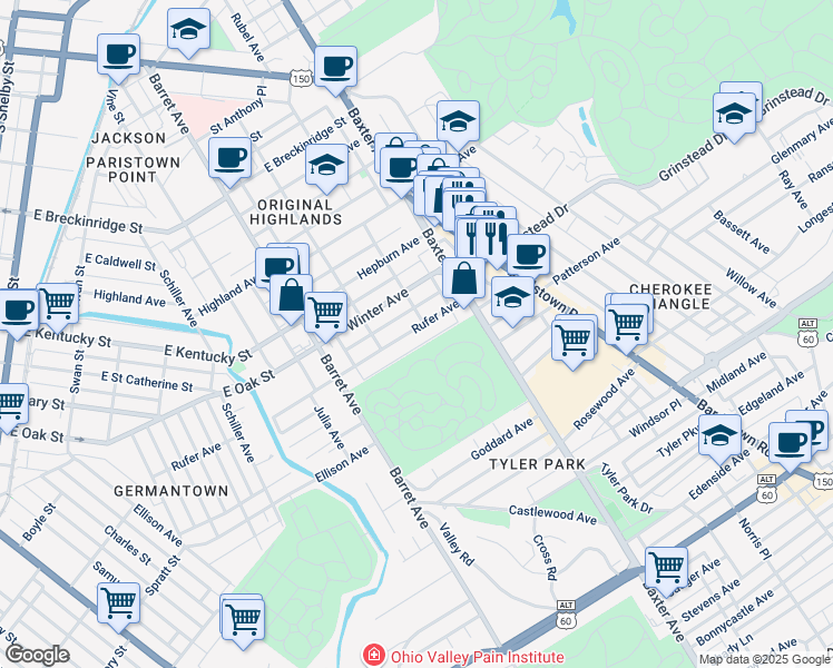 map of restaurants, bars, coffee shops, grocery stores, and more near 1432 Rufer Avenue in Louisville