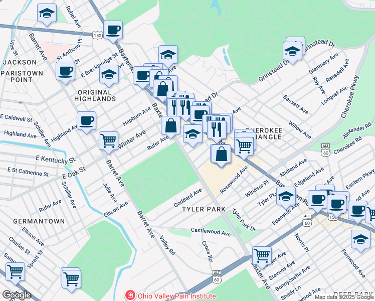 map of restaurants, bars, coffee shops, grocery stores, and more near 1610 Patterson Avenue in Louisville