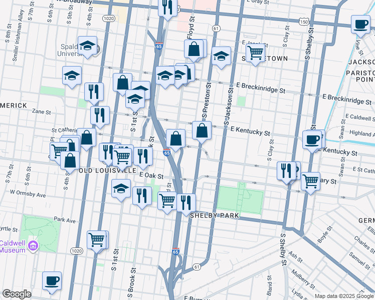 map of restaurants, bars, coffee shops, grocery stores, and more near 315 East Saint Catherine Street in Louisville