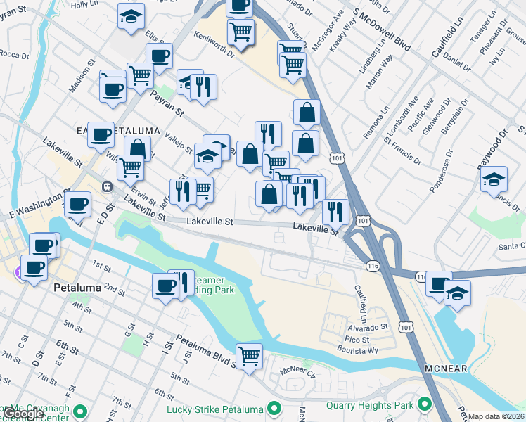 map of restaurants, bars, coffee shops, grocery stores, and more near 400 Lindberg Circle in Petaluma