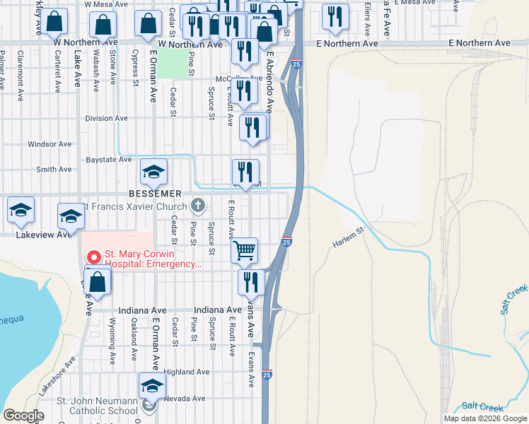 map of restaurants, bars, coffee shops, grocery stores, and more near 1710 East Evans Avenue in Pueblo