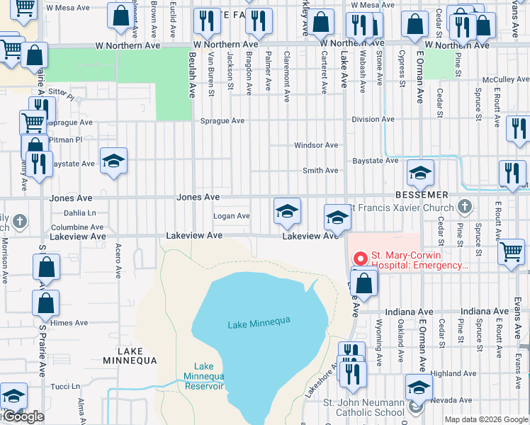 map of restaurants, bars, coffee shops, grocery stores, and more near 1906 Palmer Avenue in Pueblo
