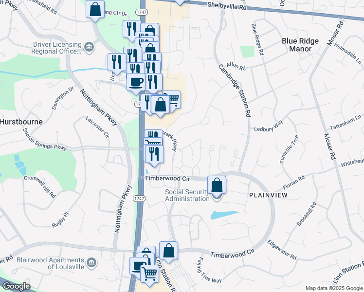map of restaurants, bars, coffee shops, grocery stores, and more near 9803 Willow Brook Circle in Louisville