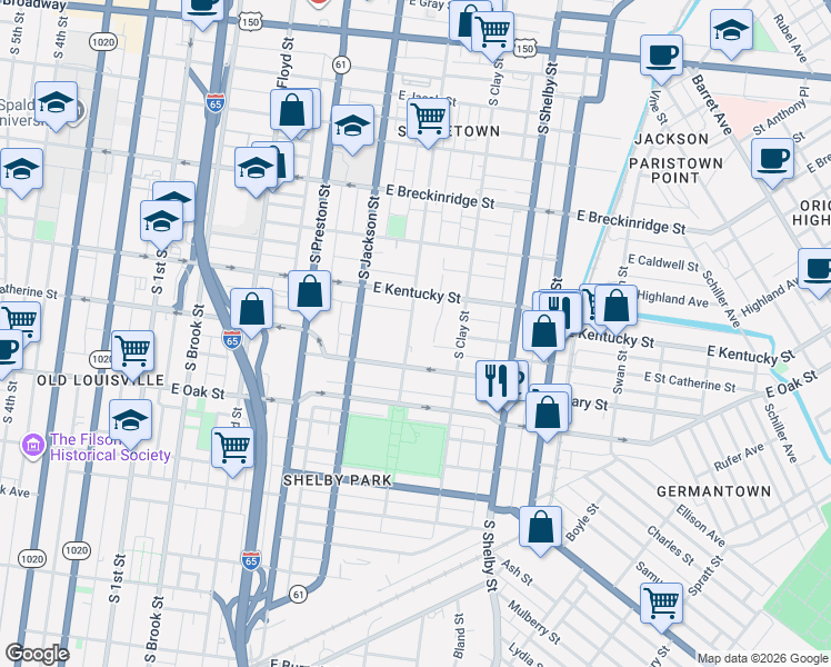 map of restaurants, bars, coffee shops, grocery stores, and more near 1012 Saint Paul Court in Louisville