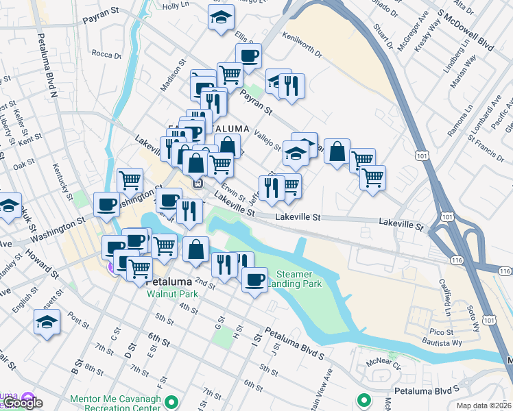 map of restaurants, bars, coffee shops, grocery stores, and more near 420 Jefferson Street in Petaluma