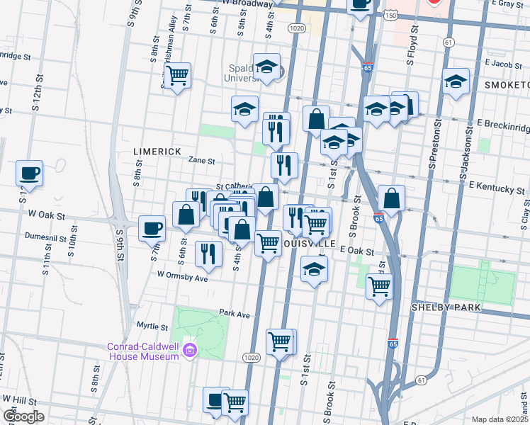 map of restaurants, bars, coffee shops, grocery stores, and more near 1128 South 3rd Street in Louisville